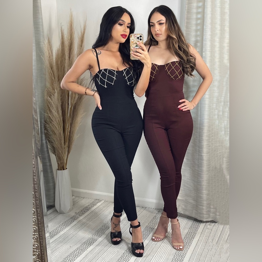 Nwt  Brown Jumpsuit with‎ rhinestones